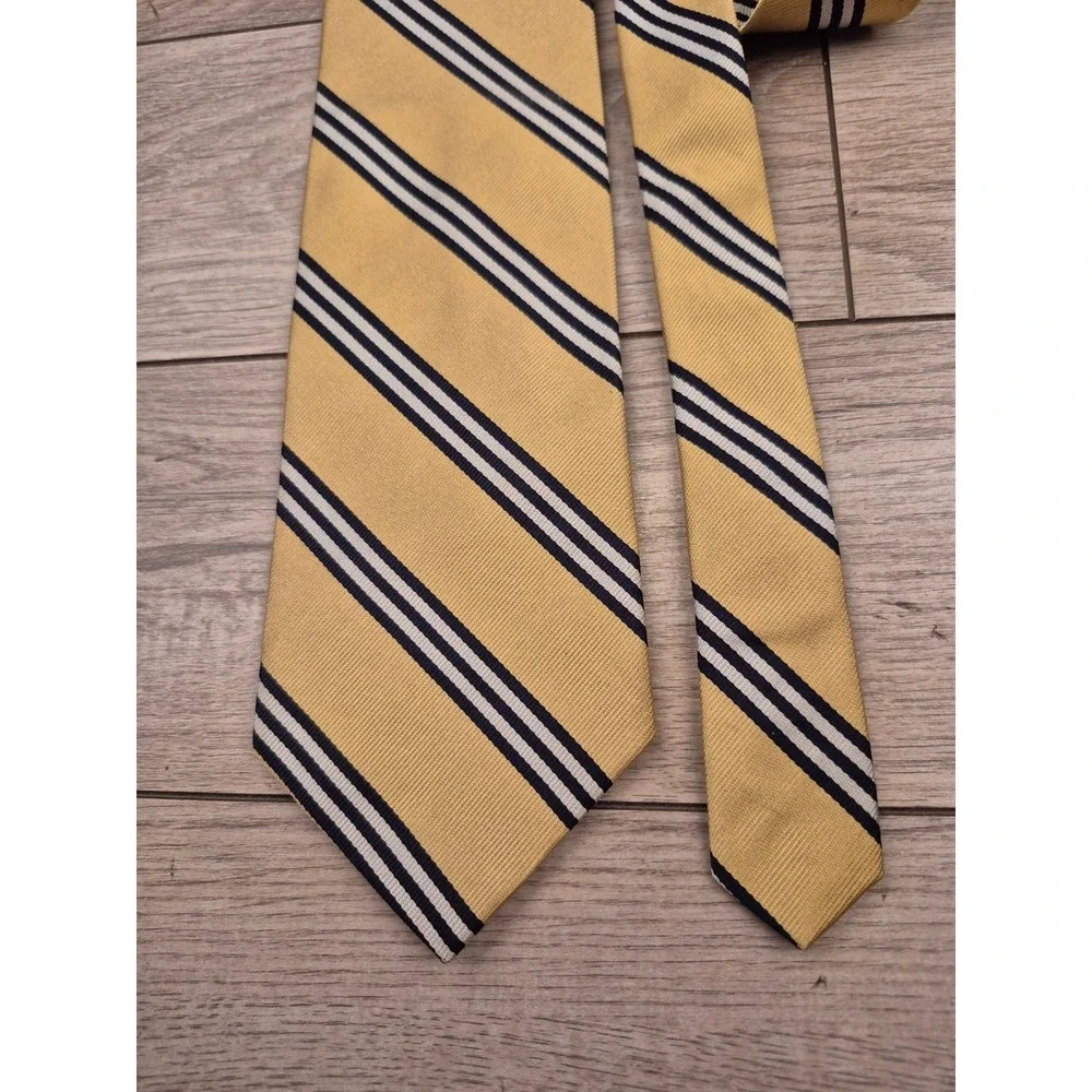 Brooks Brothers Makers Gold Navy Blue White Repp Stripe Silk Tie Woven England‎